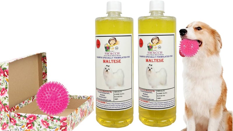 swacch Shampoo | Puppy Safe Shampoo | PH Balanced | Ditch to Itch for Maltese Dog Shampoo 2 Litre (Lemon) + Spike Ball Chew Toy Combo Pack - Image 1
