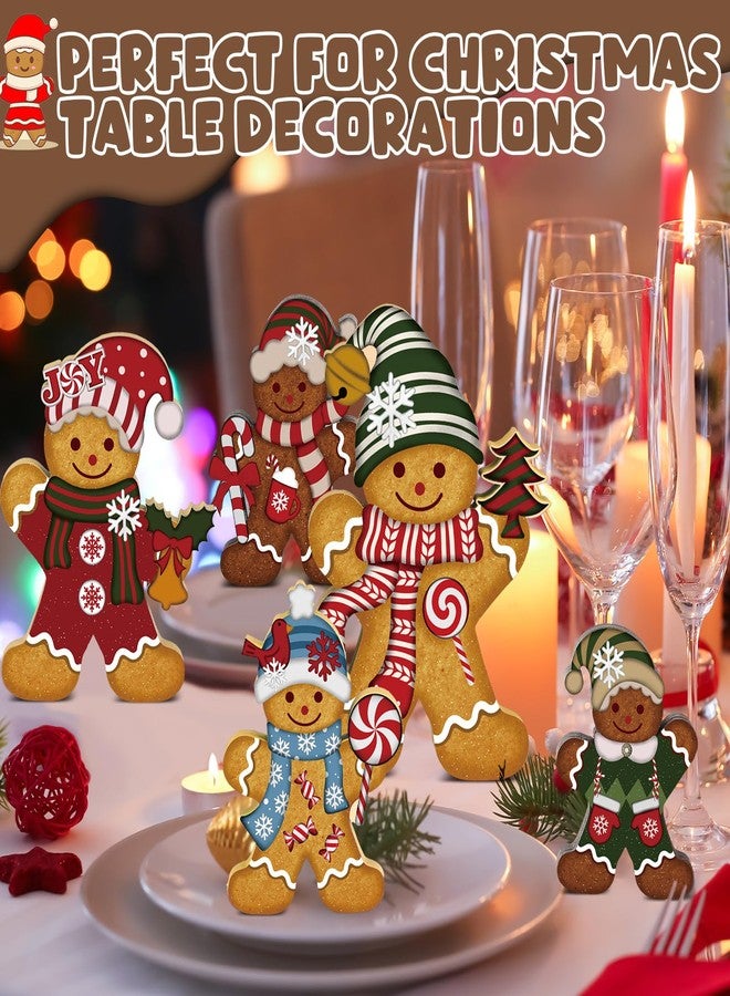 Soaoo 5 Pcs Christmas Gingerbread Man Decor Wood Gingerbread Sign Xmas Table Centerpieces Rustic Vintage Figurine Wooden Christmas Ornaments for Fireplace Holiday Indoor Farmhouse Party - Image 3