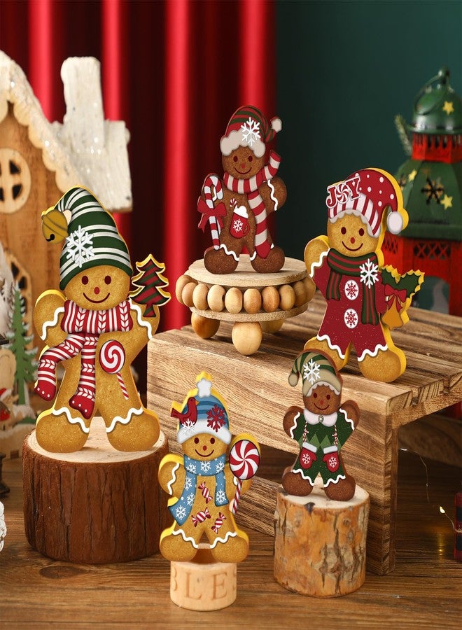 Soaoo 5 Pcs Christmas Gingerbread Man Decor Wood Gingerbread Sign Xmas Table Centerpieces Rustic Vintage Figurine Wooden Christmas Ornaments for Fireplace Holiday Indoor Farmhouse Party - Image 1