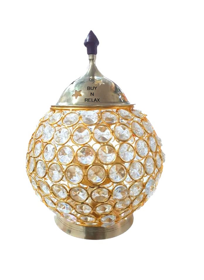 BUY N RELAX BUY N RELAX 7 Inch Big Size Brass Akhand Diya Diamond Crystal DeepakDia Akhand Jyot Decorative Crystal Oil LampTea Light Holder Lantern Brass Table Diya for Pooja 7 inch Big Size  - Image 1
