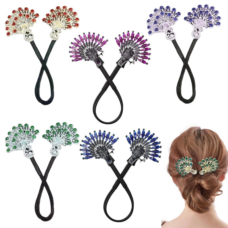 Heogacinlia 5 PCS Crystal Hair Bun Maker Peacock Shape Twist Hairstyle Bun Fashion Lazy Hair Curler Elegant Rhinestone Hair Clips Bun Maker for Long Hair, Easy Fast Snap Roll Hair Tool for Women Girls ï¼ˆ2 Stylesï¼‰ - Image 1