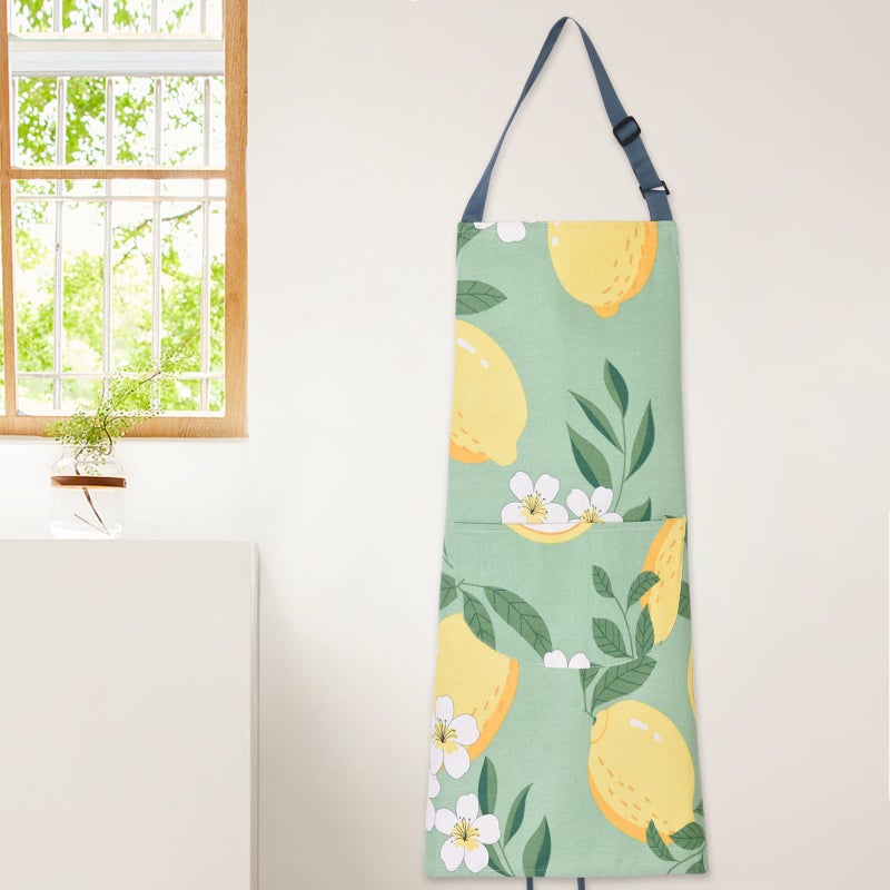 ARBINSON 2 Pack Floral Apron for Women with Pockets  Adjustable Cotton Chef Aprons for Kitchen  Cooking  BBQ & Grill (Yellow/Lemon) - Image 4