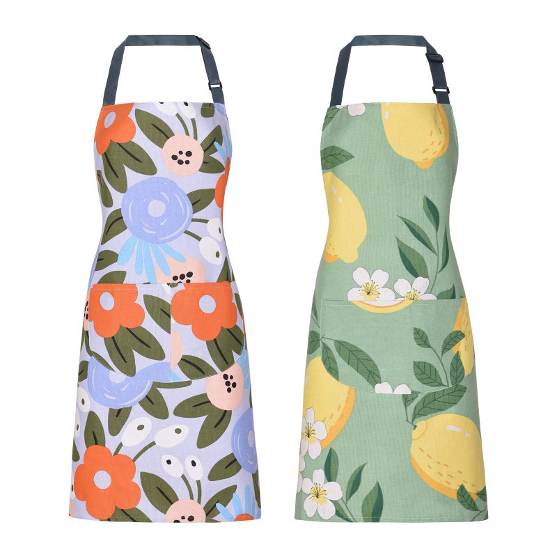 ARBINSON 2 Pack Floral Apron for Women with Pockets  Adjustable Cotton Chef Aprons for Kitchen  Cooking  BBQ & Grill (Yellow/Lemon) - Image 1