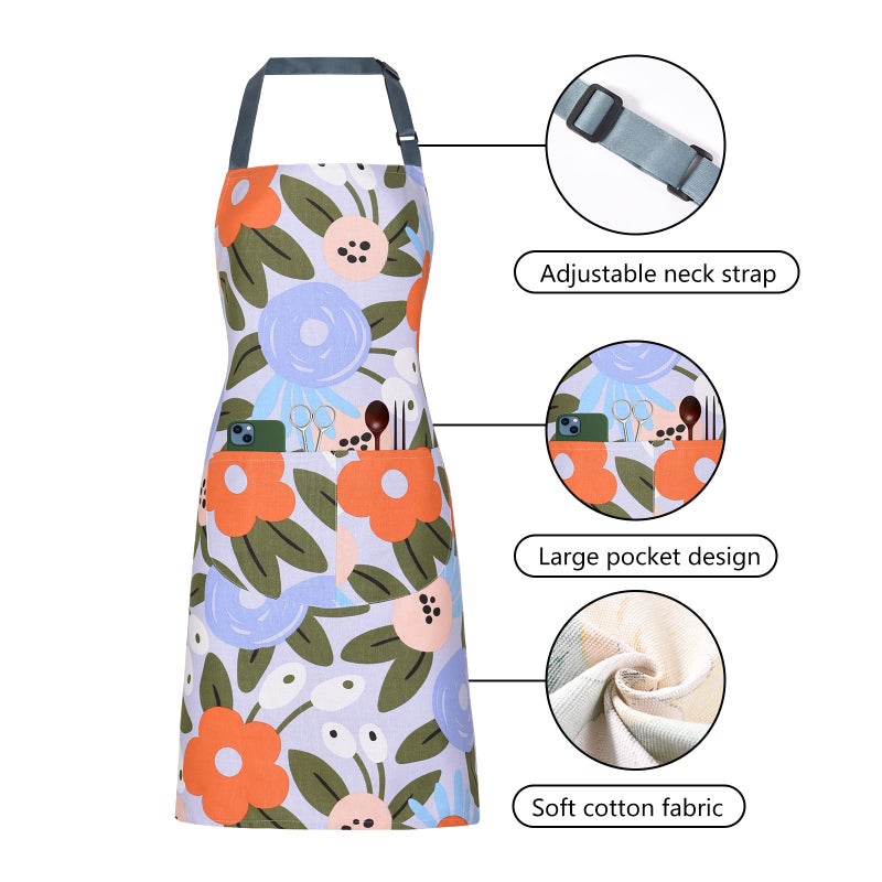 ARBINSON 2 Pack Floral Apron for Women with Pockets  Adjustable Cotton Chef Aprons for Kitchen  Cooking  BBQ & Grill (Yellow/Lemon) - Image 3