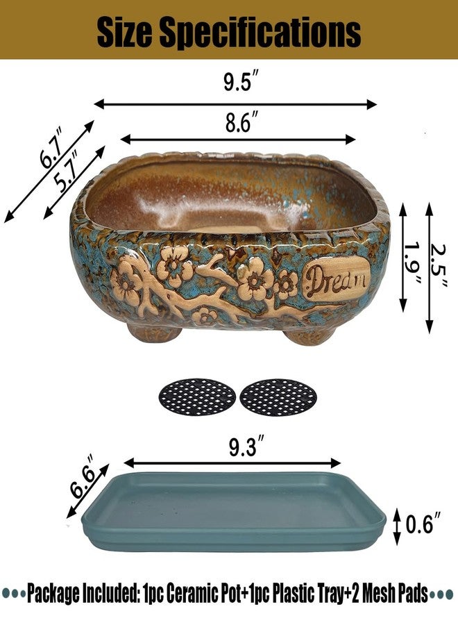 MUZHI 9.7” Rectangular Ceramic Rustic Bonsai Planter Pots with Drip Tray, Glazed Vintage Wide Mouth Shallow Pottery Bonsai Flower Planter Pots with Saucer - Image 2