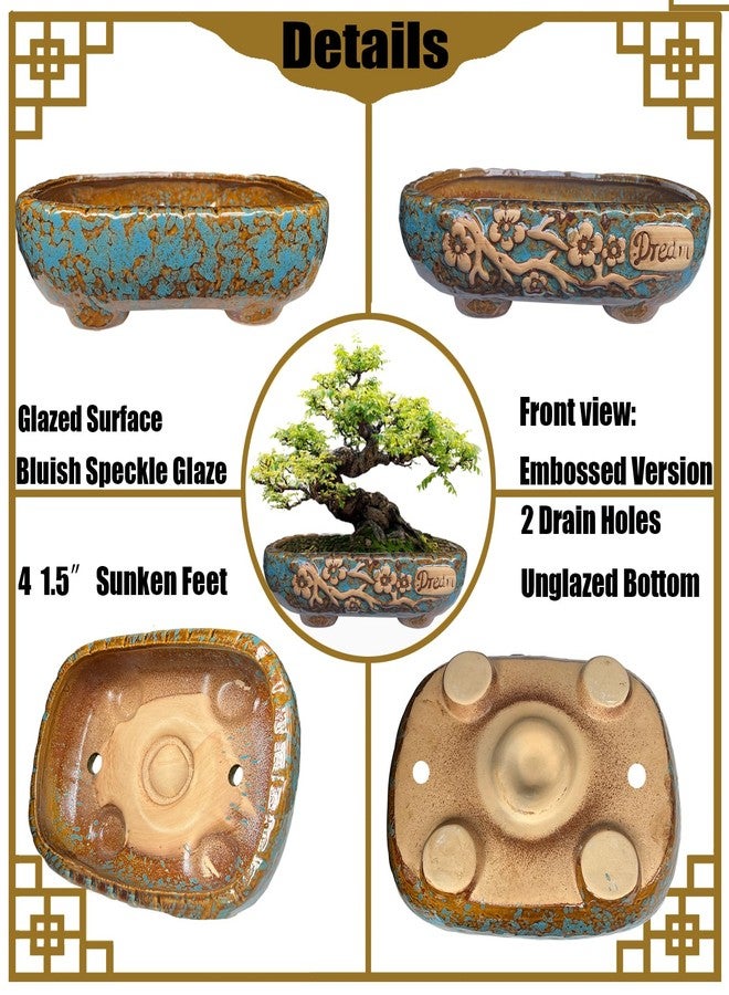 MUZHI 9.7” Rectangular Ceramic Rustic Bonsai Planter Pots with Drip Tray, Glazed Vintage Wide Mouth Shallow Pottery Bonsai Flower Planter Pots with Saucer - Image 3