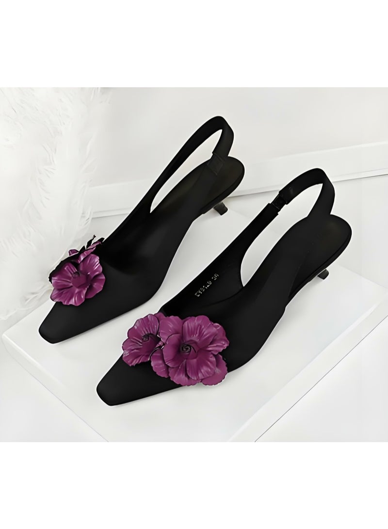 بيج تري المرأة الساتان مغلق أشار إصبع القدم القط الكعب المنخفض مع الزهور الديكور الأسود 4CM - Image 1