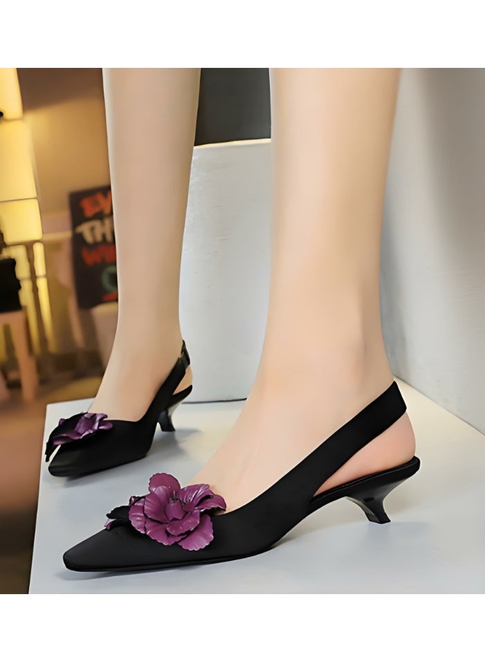 بيج تري المرأة الساتان مغلق أشار إصبع القدم القط الكعب المنخفض مع الزهور الديكور الأسود 4CM - Image 3