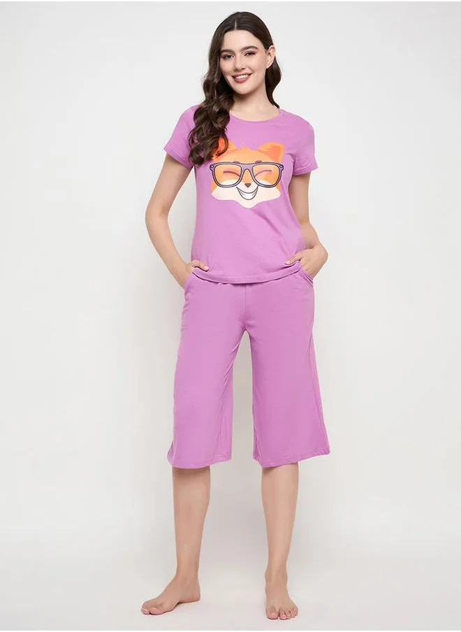 Clovia Clovia Graphic Print Cotton Top and Solid Capri Set