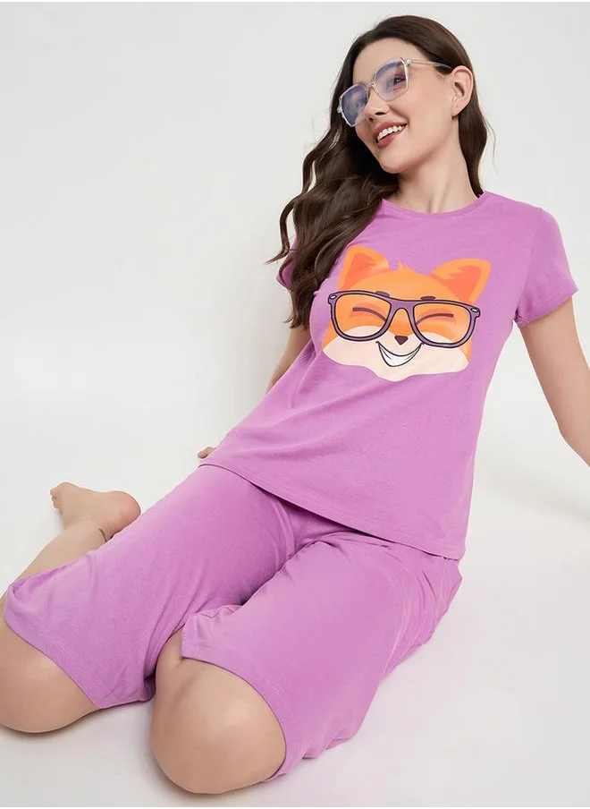 Clovia Clovia Graphic Print Cotton Top and Solid Capri Set