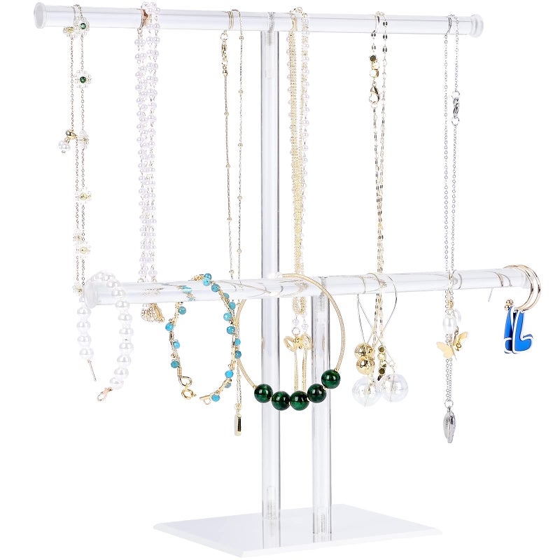 Suneerplay Jewelry Stand Necklace Holder, Acrylic Jewelry Display Holder, Necklace and Bracelet Hanging Organizer, Clear 2-Tier Tower Stand for Bangles, Necklaces, Bracelets, Rings, Earrings and Watch - Image 1