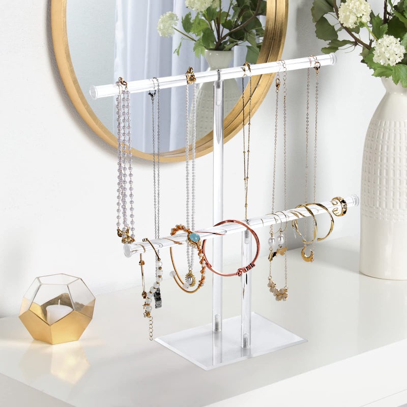 Suneerplay Jewelry Stand Necklace Holder, Acrylic Jewelry Display Holder, Necklace and Bracelet Hanging Organizer, Clear 2-Tier Tower Stand for Bangles, Necklaces, Bracelets, Rings, Earrings and Watch - Image 5
