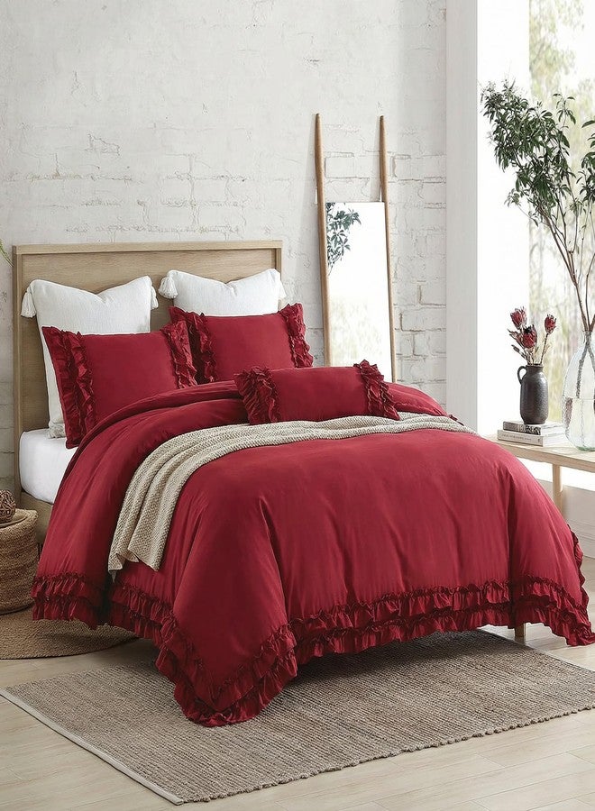 Bedorm Burgundy Duvet Cover Queen Size Ruffled Bedding Set Vintage Lace Ruffle Elegant Bedroom Decor Shabby Chic Farmhouse Style Boho Chic Duvet Cover Set for All Season - Image 2