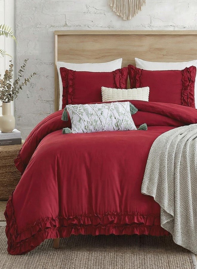 Bedorm Burgundy Duvet Cover Queen Size Ruffled Bedding Set Vintage Lace Ruffle Elegant Bedroom Decor Shabby Chic Farmhouse Style Boho Chic Duvet Cover Set for All Season - Image 1