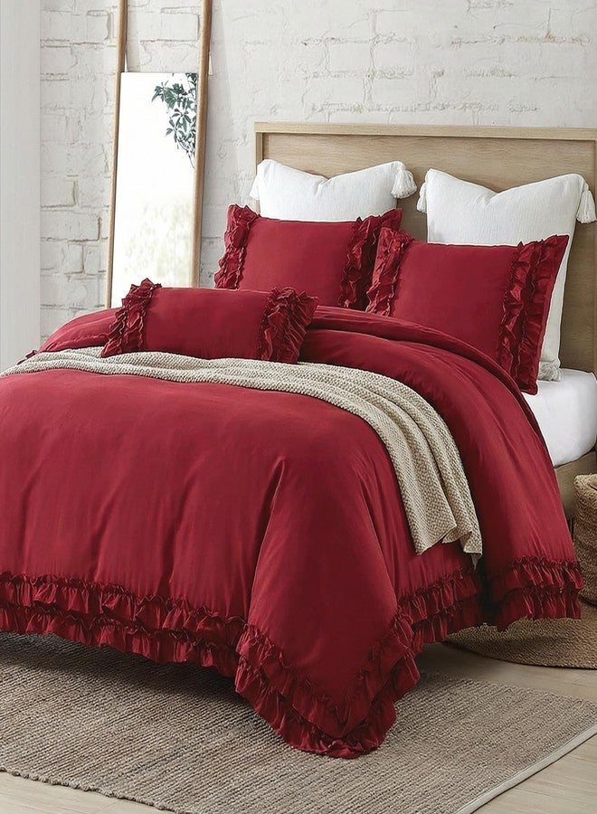 Bedorm Burgundy Duvet Cover Queen Size Ruffled Bedding Set Vintage Lace Ruffle Elegant Bedroom Decor Shabby Chic Farmhouse Style Boho Chic Duvet Cover Set for All Season - Image 3