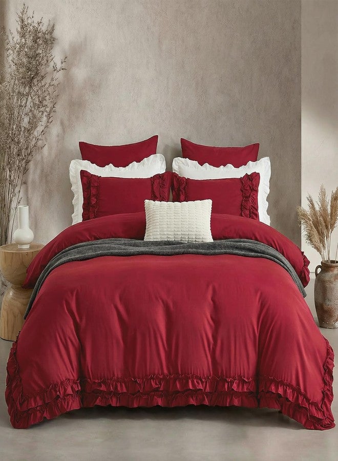Bedorm Burgundy Duvet Cover Queen Size Ruffled Bedding Set Vintage Lace Ruffle Elegant Bedroom Decor Shabby Chic Farmhouse Style Boho Chic Duvet Cover Set for All Season - Image 4
