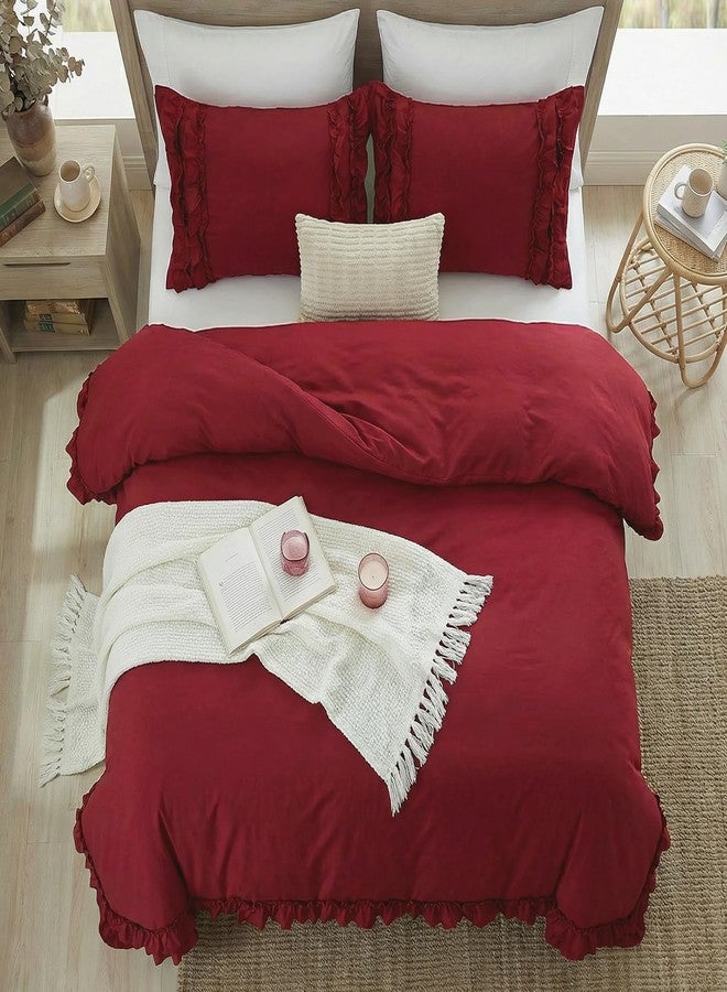 Bedorm Burgundy Duvet Cover Queen Size Ruffled Bedding Set Vintage Lace Ruffle Elegant Bedroom Decor Shabby Chic Farmhouse Style Boho Chic Duvet Cover Set for All Season - Image 5