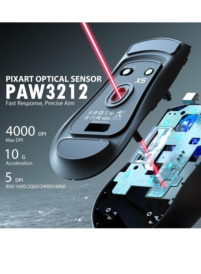Attack Shark X5 Wireless Gaming Mouse with Tri-Modes BT 5.1/2.4Ghz/USB-C,Lightweight 49g,PAW3212 Optical Sensor,Rechargeable Battery,RGB LED Honeycomb Mice for PC/Tablet/Desktop/Office/Games - Image 4