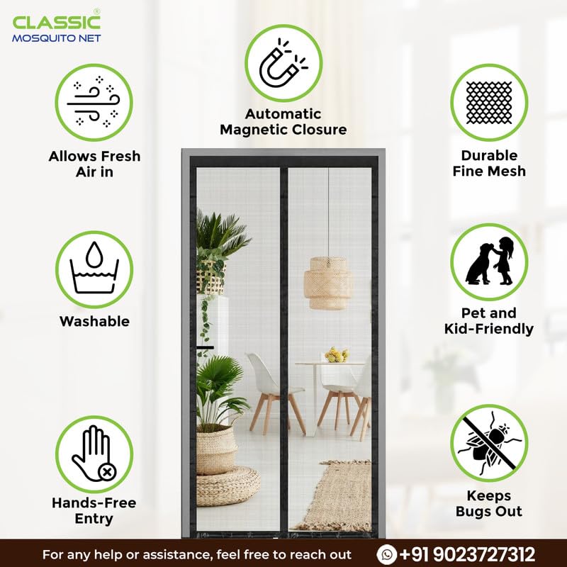 Classic Mosquito Net for Door Fiberglass Magnetic Curtain Auto Closing Insect Screen for All Door Types with Self Adhesive Hook Tape (220X120cms, Black) - Image 4