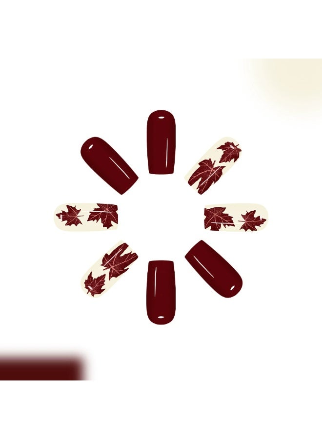 Goolsky Autumn Elegant Wine Red Maple Leaf Press-on Nails - Image 3