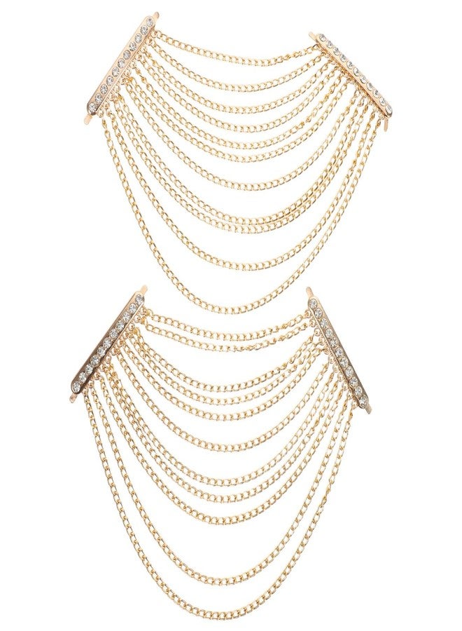 MUCKLILY Rhinestone Tassel Chain Shoulder Epaulettes 4.33X2.36In Handcrafted Vintage Brooch for Women Jackets Banquets Parties Elegant Fashionable Applique Golden - Image 1