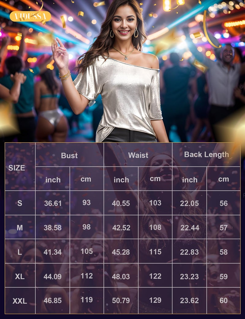VIDUSSA Women's Off Shoulder Tops Sequin Sparkly Glitter Casual Loose Shirts Short Sleeve Tunic Blouses Silver XXL - Image 5
