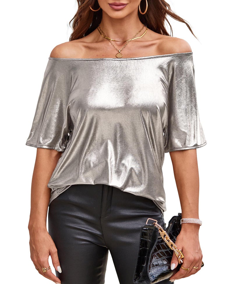 VIDUSSA Women's Off Shoulder Tops Sequin Sparkly Glitter Casual Loose Shirts Short Sleeve Tunic Blouses Silver XXL - Image 1