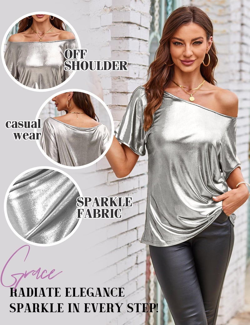 VIDUSSA Women's Off Shoulder Tops Sequin Sparkly Glitter Casual Loose Shirts Short Sleeve Tunic Blouses Silver XXL - Image 3