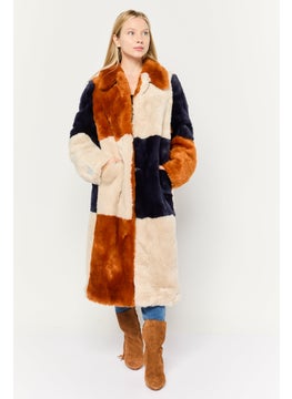 Women Faux Fur Colorblock Trench Coat, Brown Combo