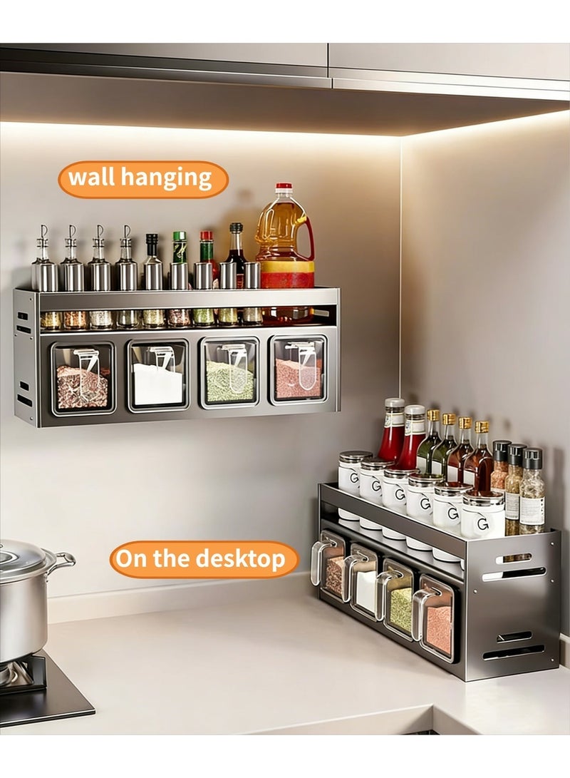 CKIKH wall-mounted spice rack with 4 transparent spice containers, kitchen cabinet spice rack, no drilling required for spice jar storage, suitable for kitchens, countertops, and food storage. - Image 1