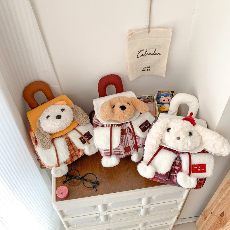 Cute Plush Puppy Head Flap Mini Backpack Cartoon Plaid for Girls - Image 3