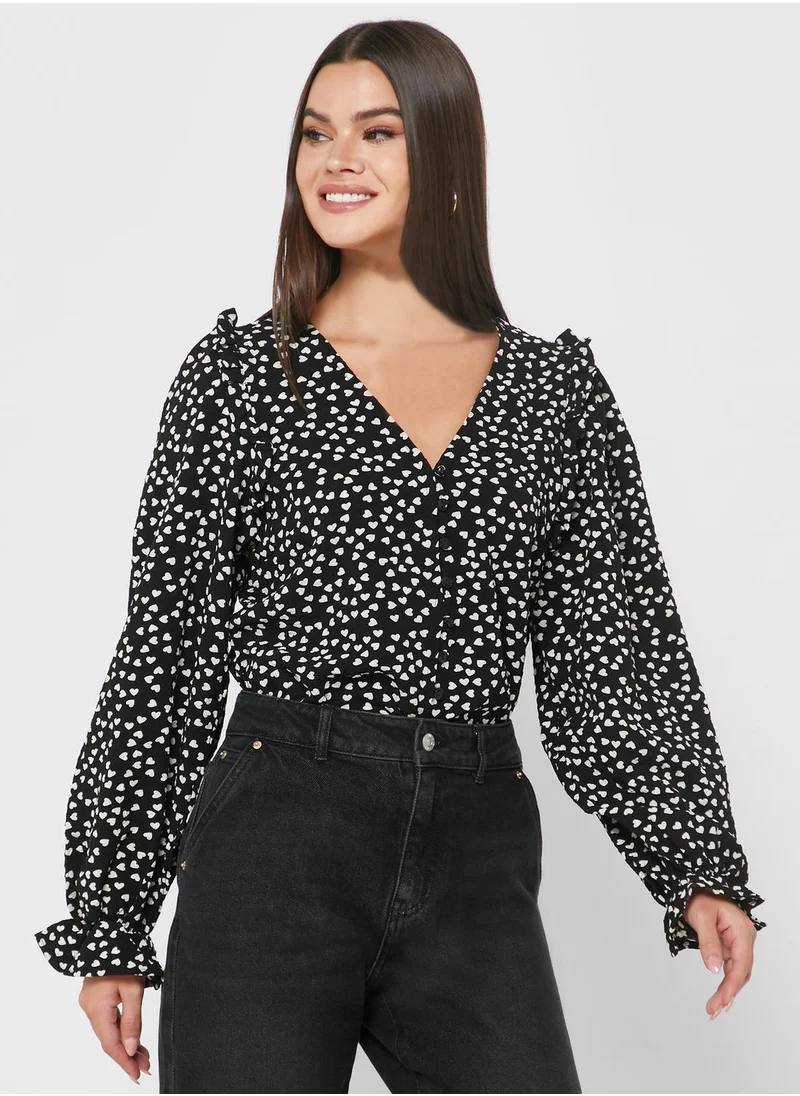 VERO MODA V-Neck Frill Sleeve Printed Top