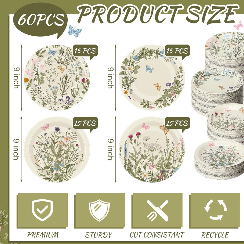 Zopeal 60 Pieces Floral Butterfly Paper Plates 9 Inch  Pink Spring Flowers Dinner Disposable Plates Birthday Tea Party for Girl Baby Shower Bridal Wedding Floral Party Supplies - Image 3