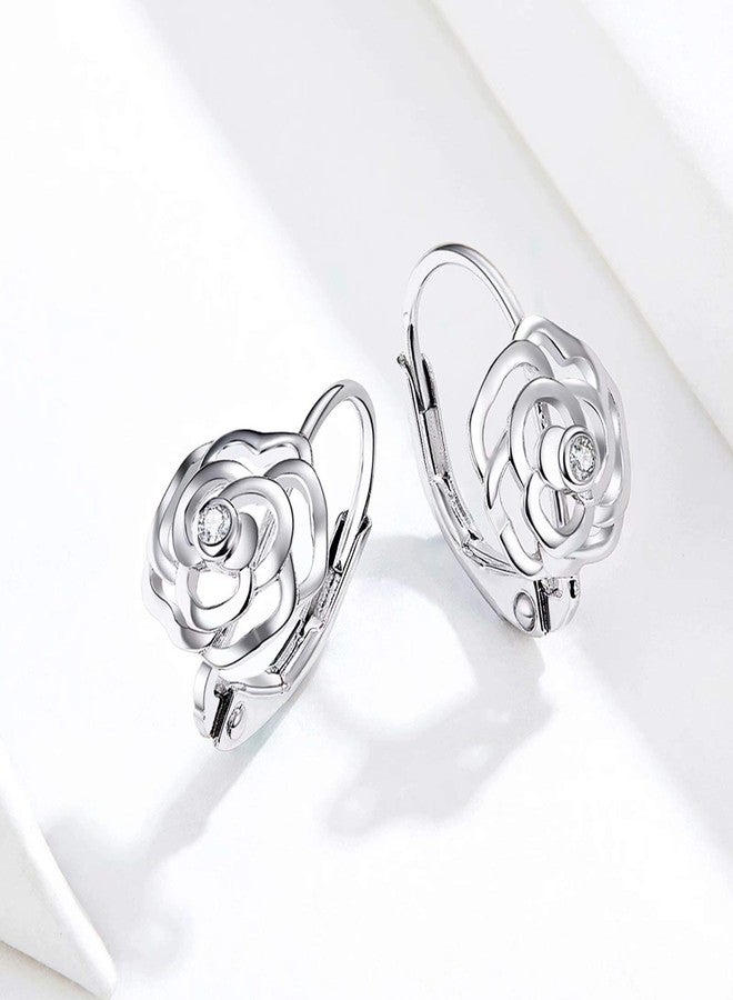 Qings Rose Flower Hoop Earrings 925 Sterling Silver Love Tiny Inlaid Cubic Zirconia as Gift for Women - Image 2