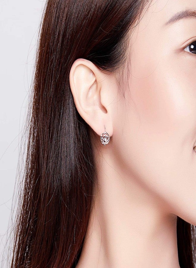 Qings Rose Flower Hoop Earrings 925 Sterling Silver Love Tiny Inlaid Cubic Zirconia as Gift for Women - Image 5