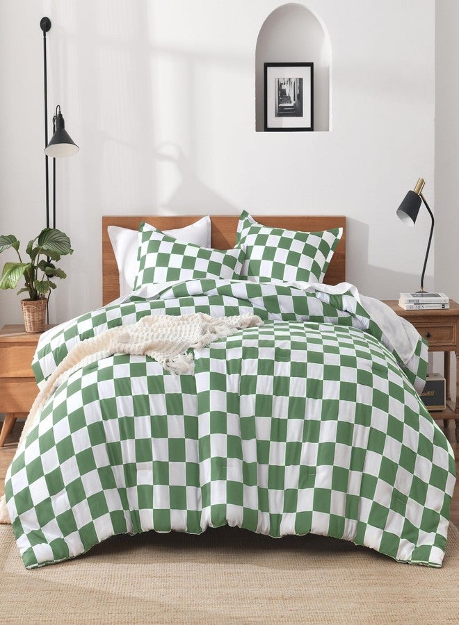 Andency Green Checkered Comforter Full(79x90Inch), Plaid Gingham Buffalo Grid Bedding Comforter Sets for Boys Kids Teens, 3 Pieces Lightweight Microfiber Geometric Preppy Bed Set - Image 1