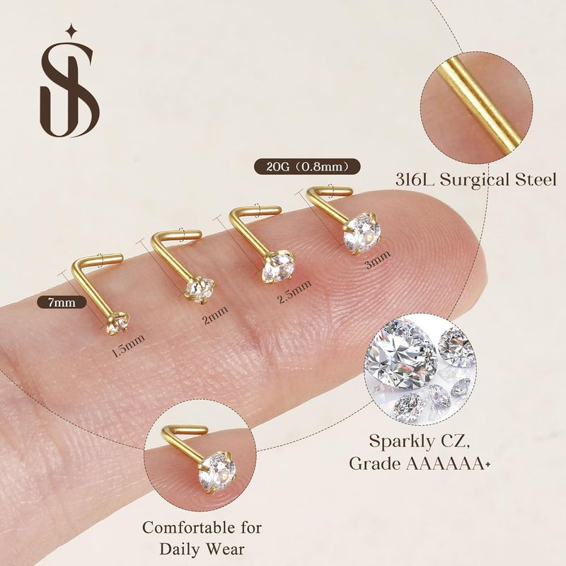 Jstyle Hypoallergenic 316L Surgical Steel Nose Rings Studs for Women Men 14K Gold Filled L Shaped Nose Studs 20G Nostril Piercing for Women Men Jewelry 1.5MM/2MM/2.5MM/3MM, Stainless Steel,Cubic - Image 3