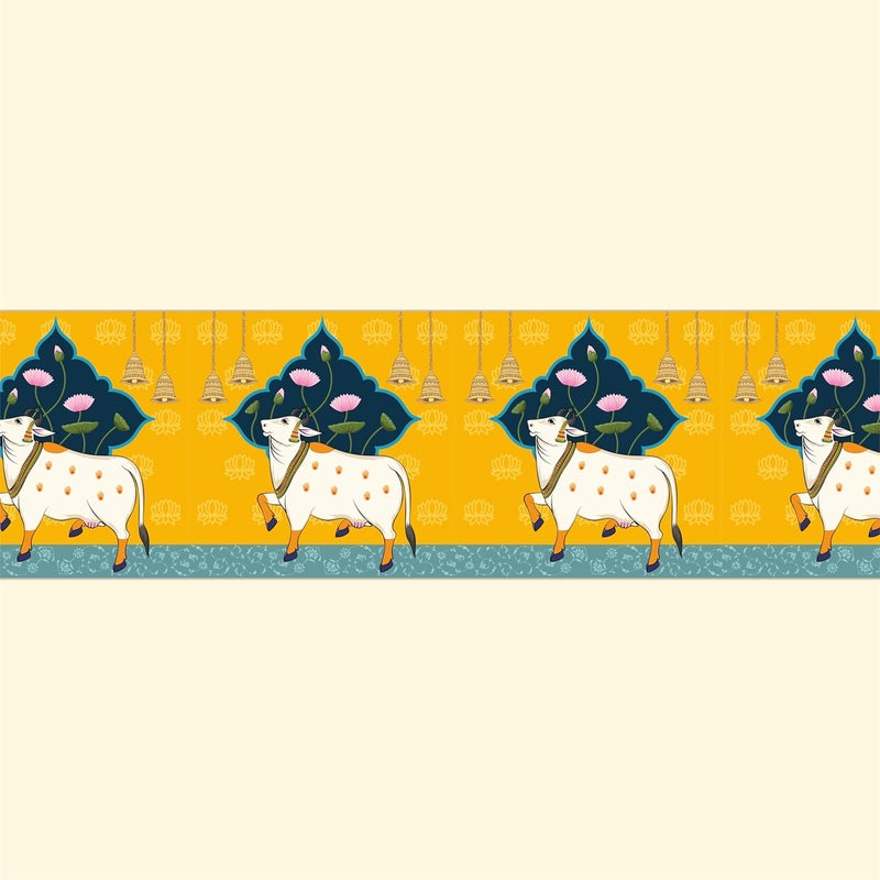 ATTRACTSO - Cow Pichwai Wall Border Peel & Stick 10 feet x 6 inch | for Home Decor, Tiles, Kitchen, Door Entrance, Floor Decoration - Vinyl matt Finish Laminated Waterproof Sticker Roll (Design 2) - Image 1