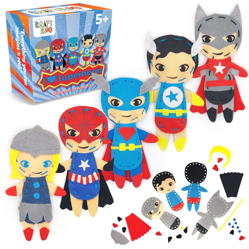 CRAFTILOO Superhero Sewing Kits for Little Kids 5 Easy Projects for Children Beginners Sewing kit Kid Crafts Make Your Own Felt Pillow Plush Craft Kit My First Sewing Kit Learn to Sew Kit - Image 2