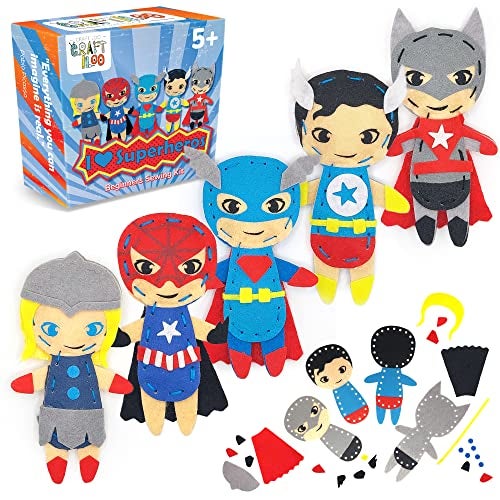 CRAFTILOO Superhero Sewing Kits for Little Kids 5 Easy Projects for Children Beginners Sewing kit Kid Crafts Make Your Own Felt Pillow Plush Craft Kit My First Sewing Kit Learn to Sew Kit - Image 1