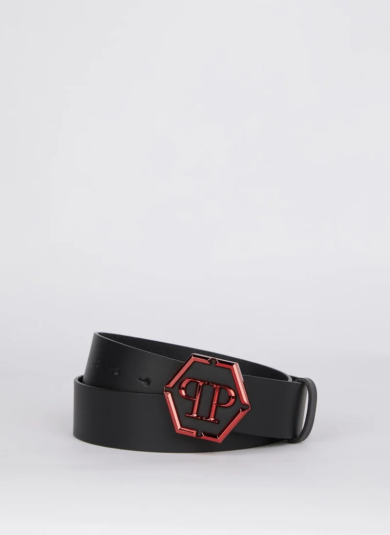 فيليب بلين Red Logo Buckle Leather Belt