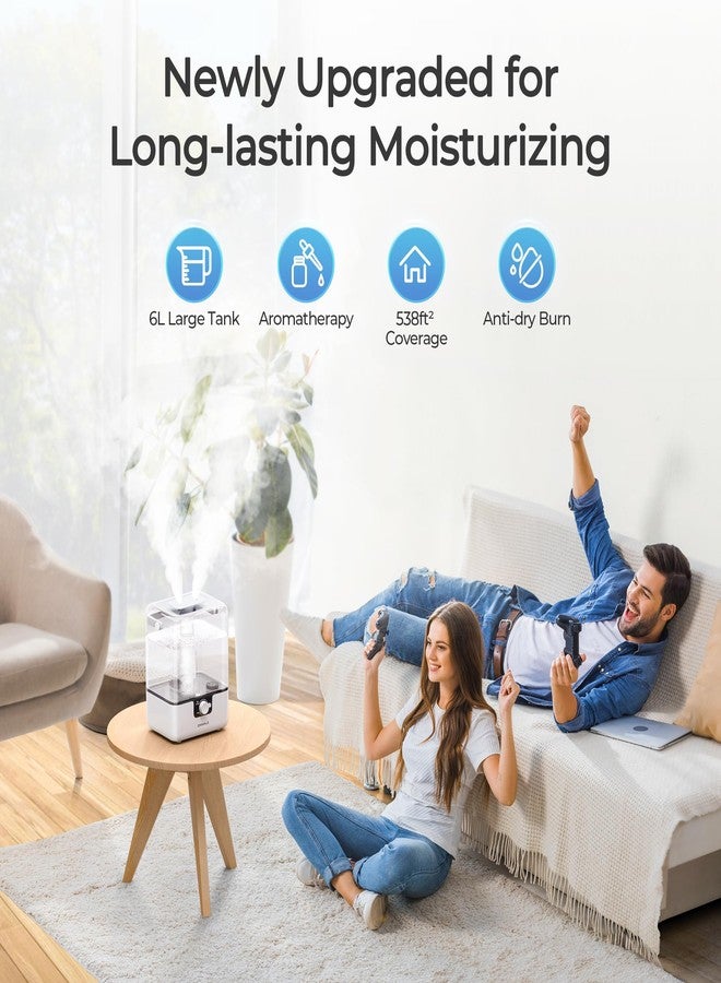 CHIVALZ 6L Humidifiers for Bedroom Large Room Home, Cool Mist Top Fill Humidifiers for Baby Nursery and Plants, 26dB Quiet, Nightlight, Up to 50 Hours, Oil Diffuser 1 Pack + 2 Mist Outlets White - Image 2