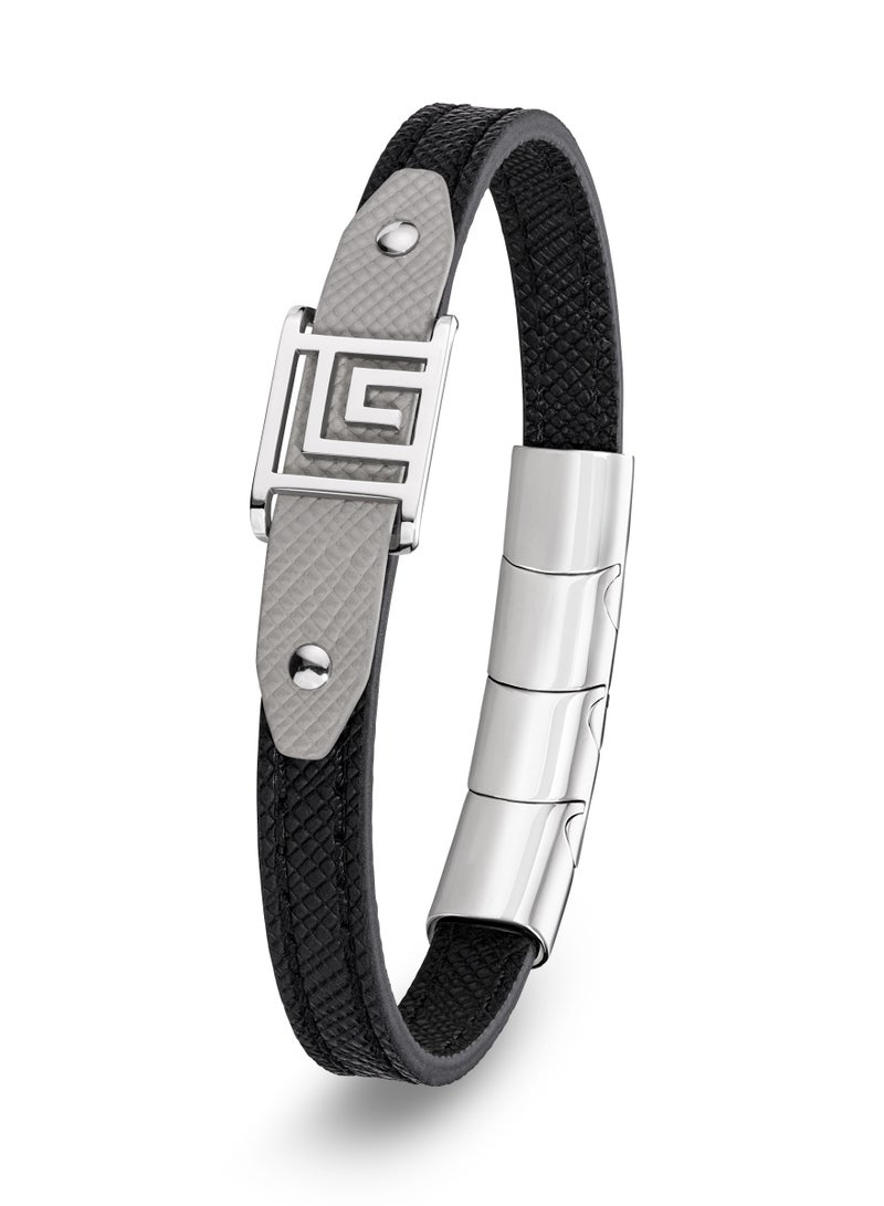 Guy Laroche Thibault Silver Stainless Steel and Black Leather Bracelet for Men - Image 2