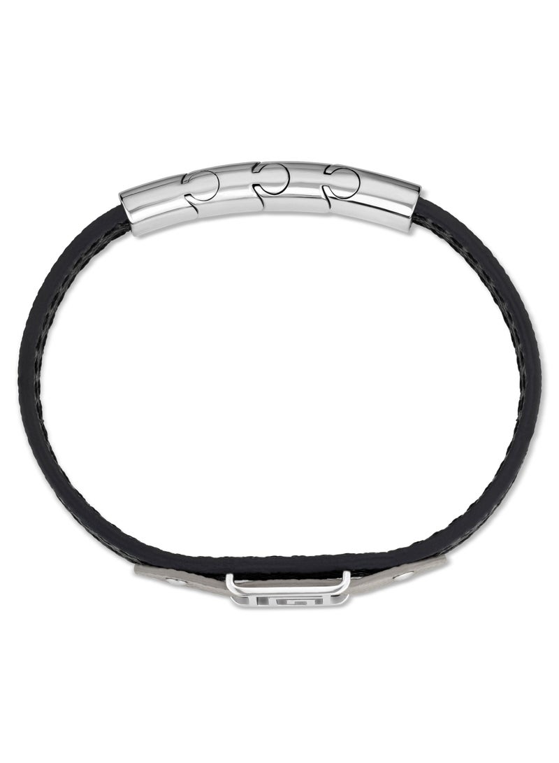 Guy Laroche Thibault Silver Stainless Steel and Black Leather Bracelet for Men - Image 3