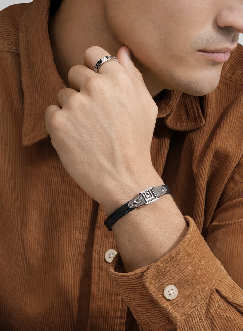 Guy Laroche Thibault Silver Stainless Steel and Black Leather Bracelet for Men - Image 4