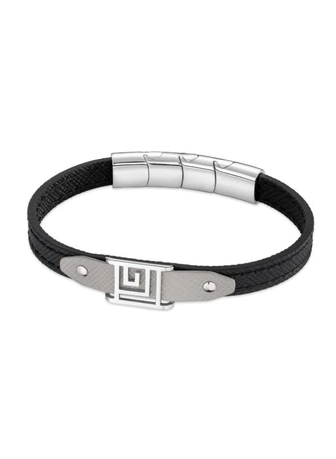 Guy Laroche Thibault Silver Stainless Steel and Black Leather Bracelet for Men