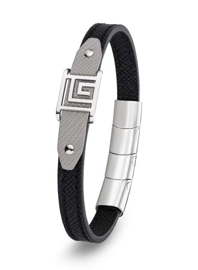 Guy Laroche Thibault Silver Stainless Steel and Black Leather Bracelet for Men