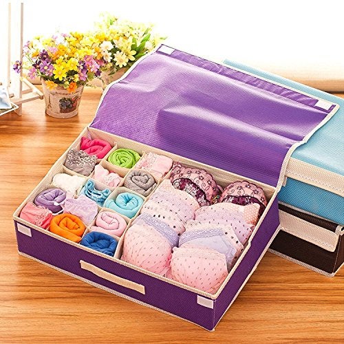 Styleys 15+1_Purple Non Woven Multi Compartment Cell Foldable Storage Box/Closet Organizer/Non-Smell Drawer Organizer for Underwear Closet Storage Socks, Bra, Panty, Tie, Scarf - Image 1
