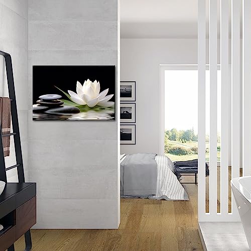 GLOKAKA Zen Wall Art,White Lotus Bloom in Water with Spa Stone,Black and White Bathroom Canvas Wall Art,Zen Spiritual Decor for Yoga Meditation Room Living Room,Office - Image 3
