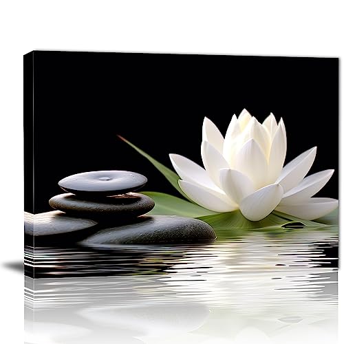 GLOKAKA Zen Wall Art,White Lotus Bloom in Water with Spa Stone,Black and White Bathroom Canvas Wall Art,Zen Spiritual Decor for Yoga Meditation Room Living Room,Office - Image 1